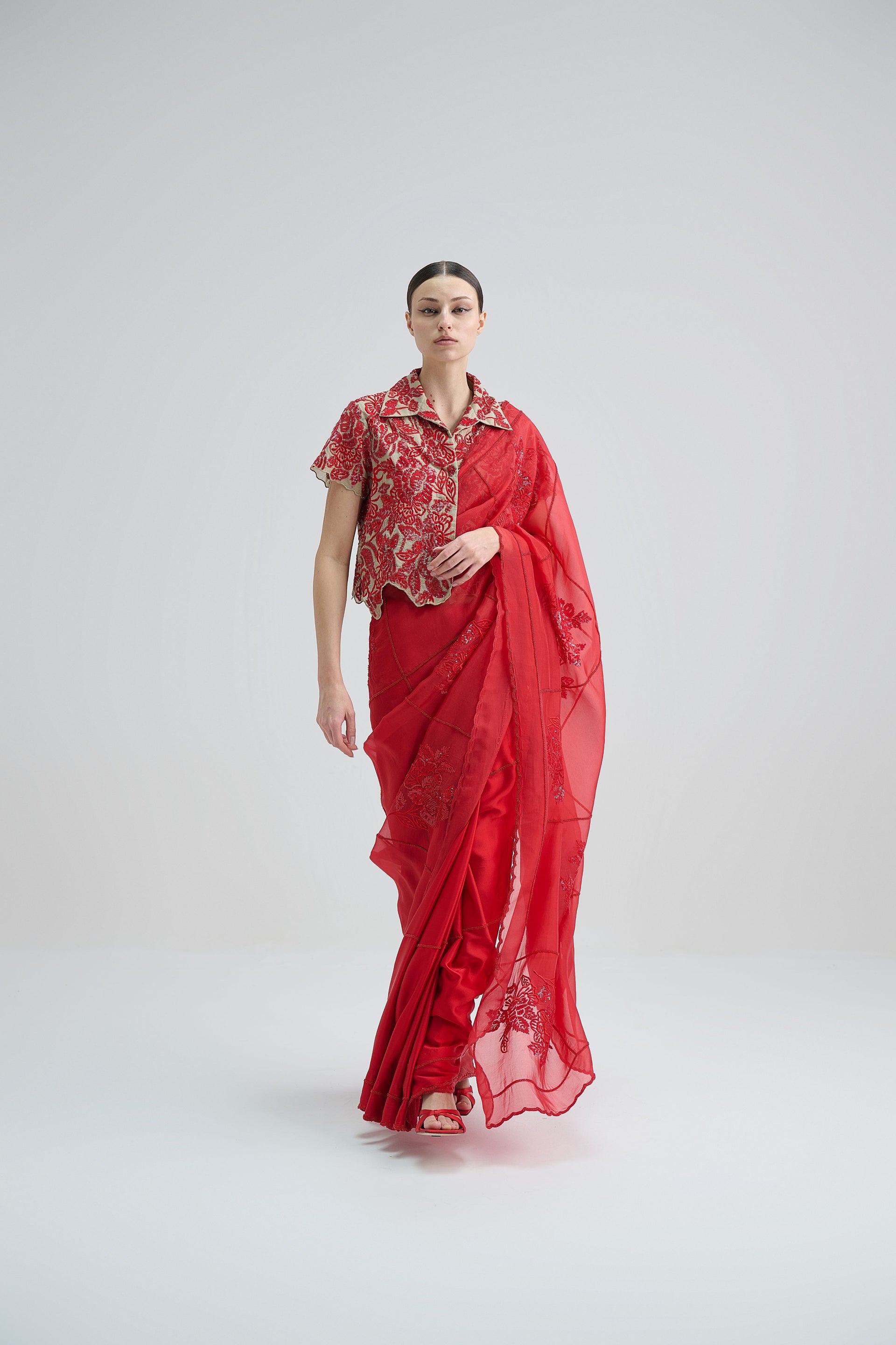 Crimson Hand Sequined Flat Stitch Sari