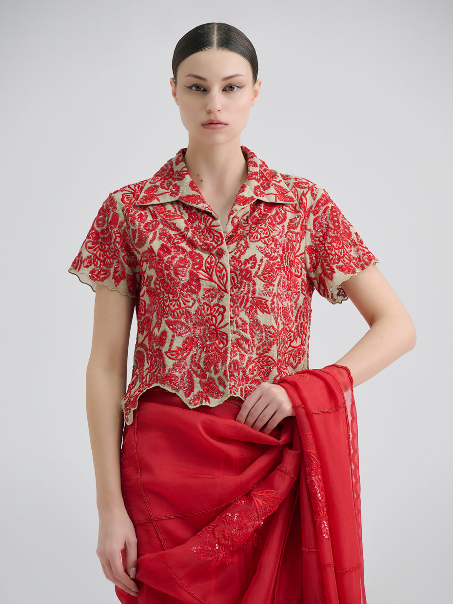 Crimson Hand Sequined Flat Stitch Sari