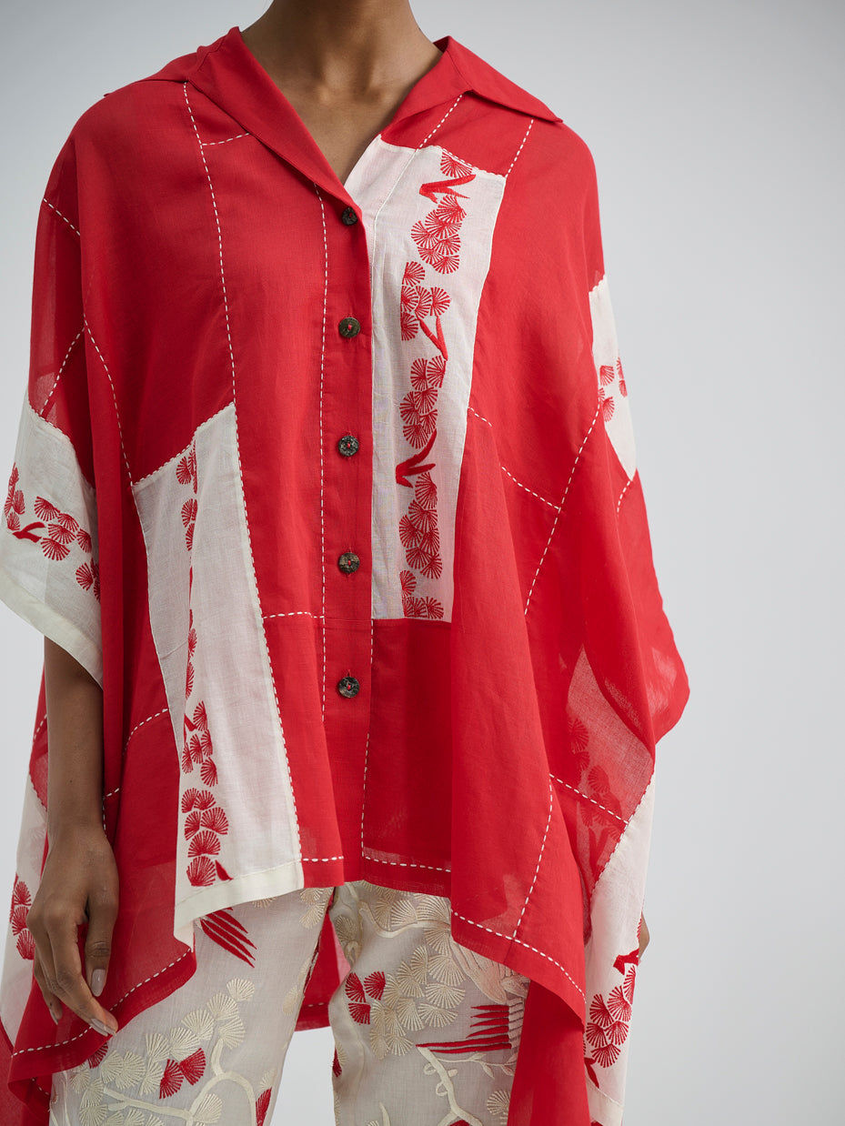 Crimson Contrast Flat Stitch Patchwork Cape