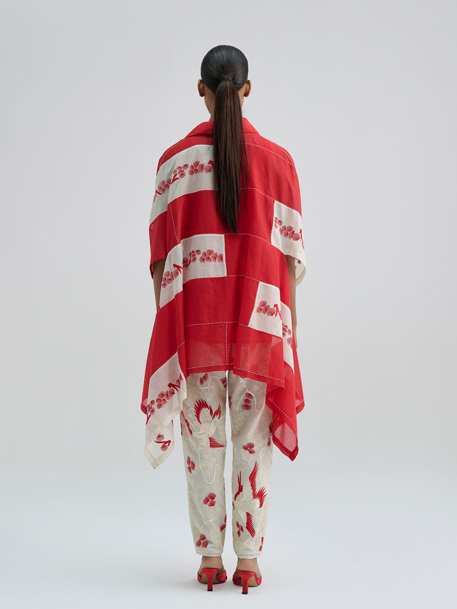 Crimson Contrast Flat Stitch Patchwork Cape