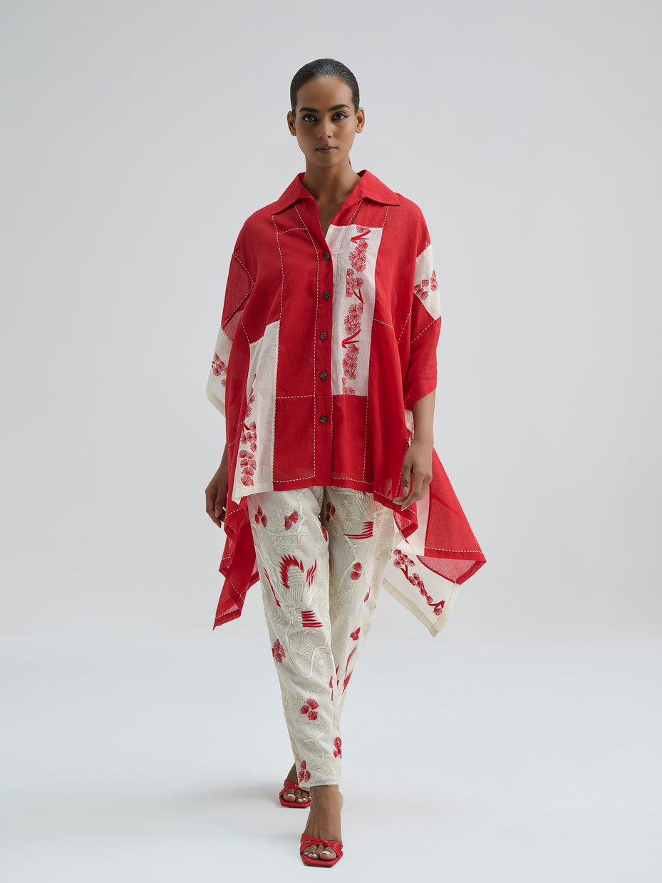 Crimson Contrast Flat Stitch Patchwork Cape
