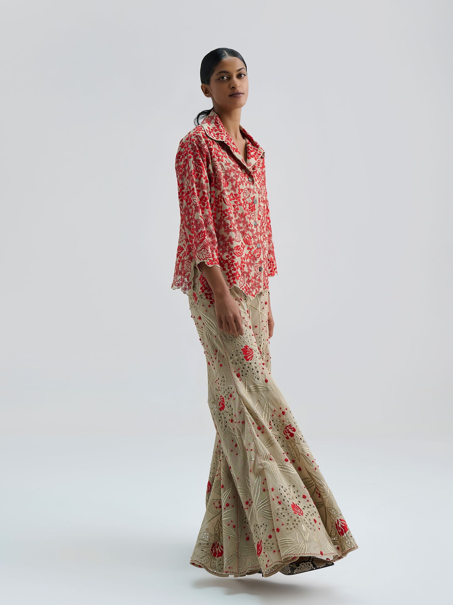 Natural Damask Stitched Cutwork Top