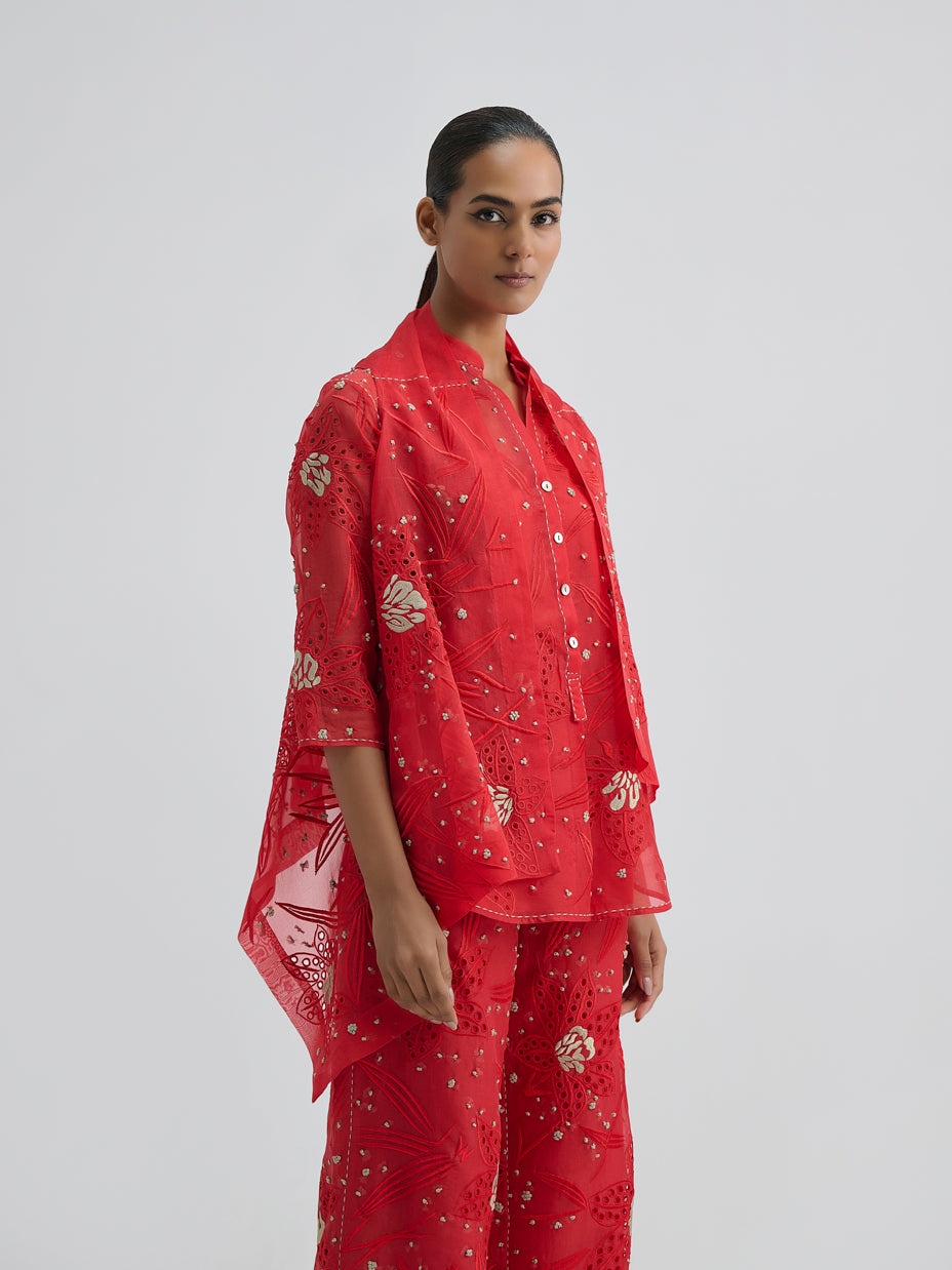 Crimson Cutwork and French Knot Top