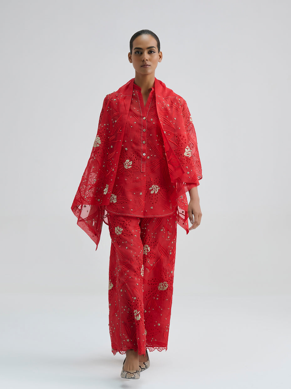 Crimson Cutwork and French Knot Wrap