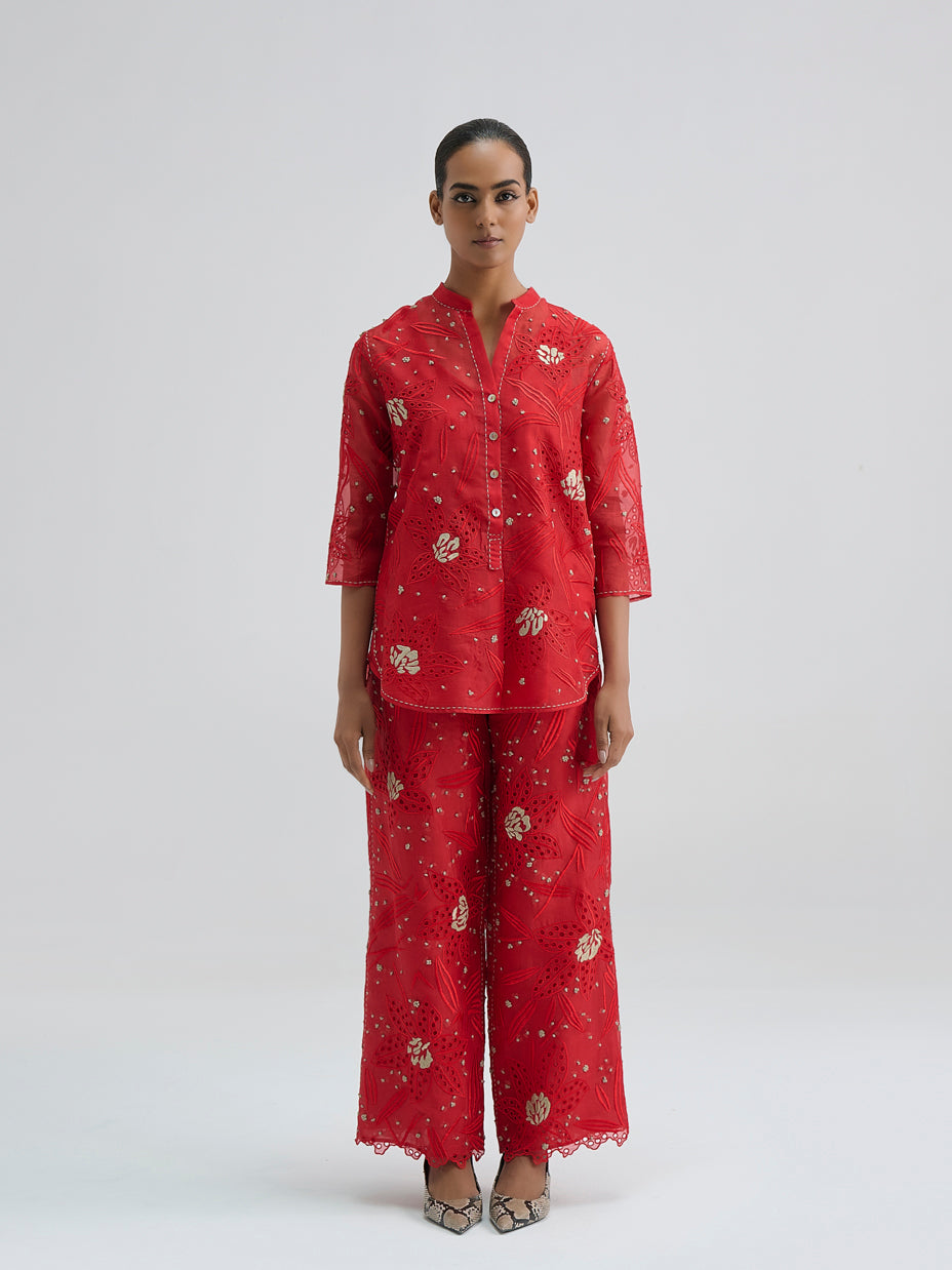 Crimson Cutwork and French Knot Top