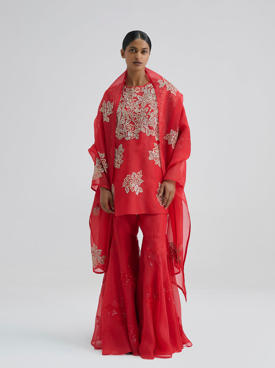 Crimson Hand Sequined Flat Stitch Dupatta