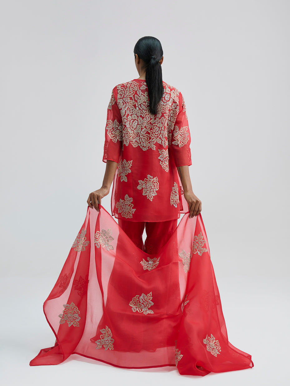 Crimson Hand Sequined Flat Stitch Dupatta