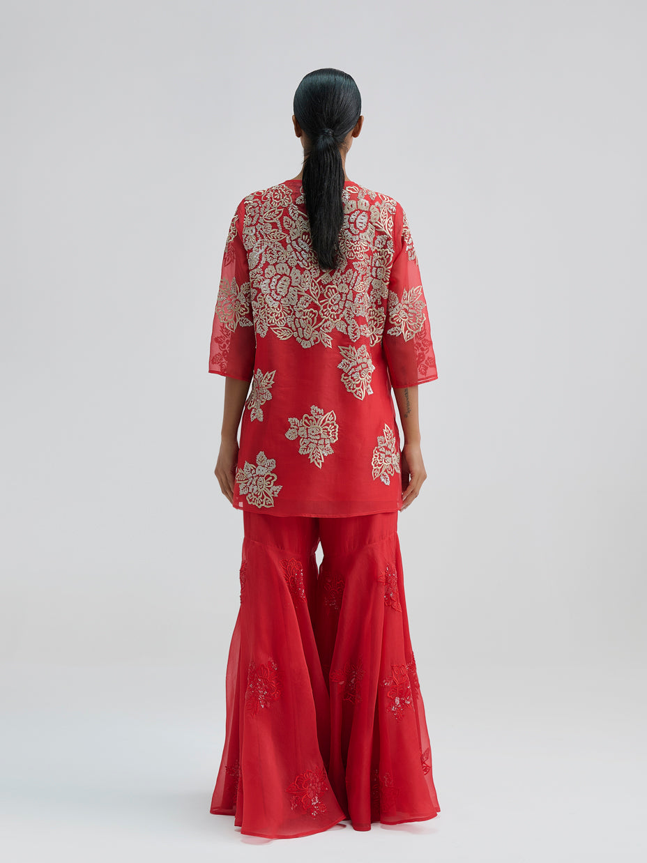 Crimson Hand Sequined Flat Stitch Sharara