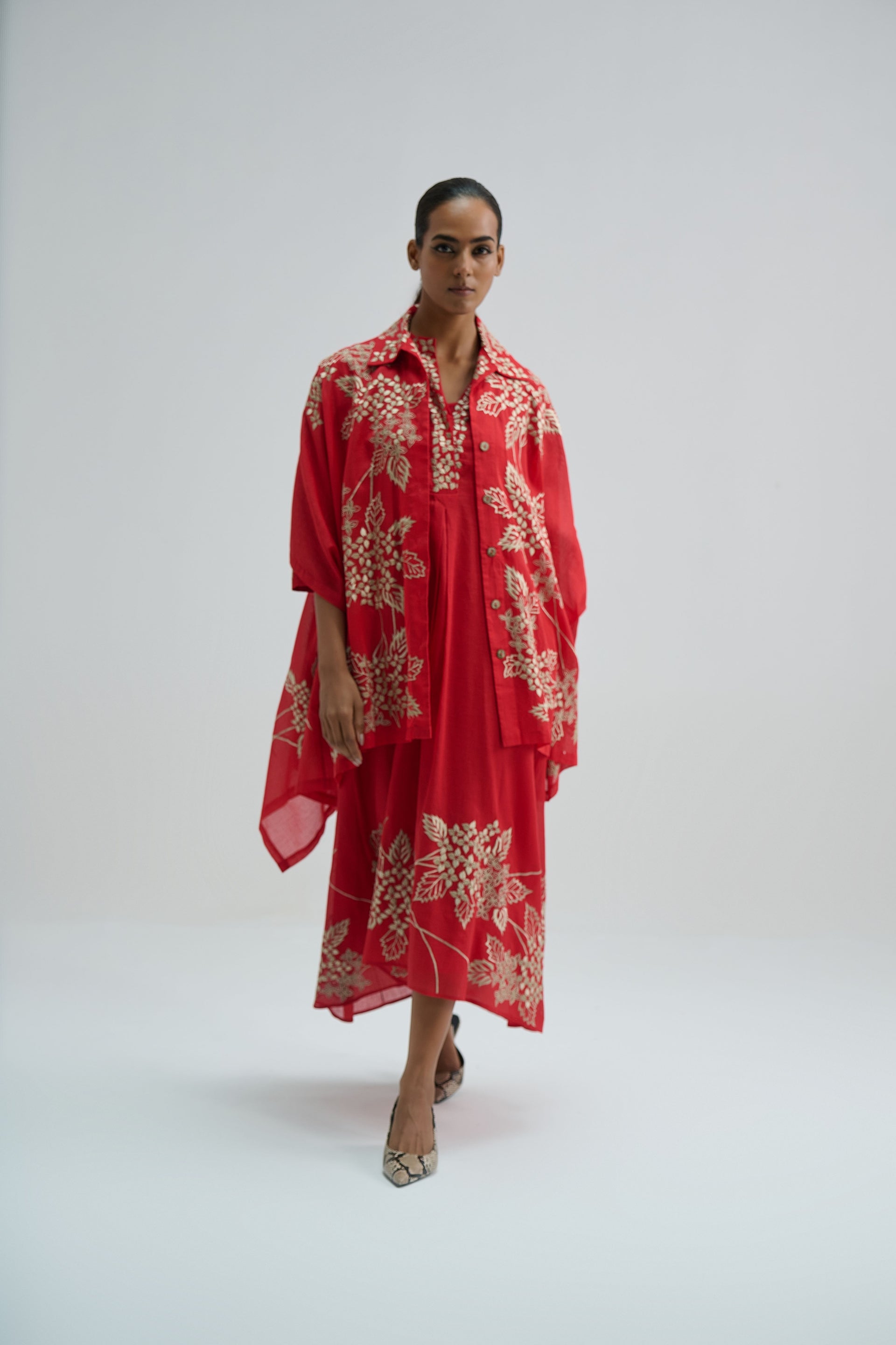 Crimson Damask Stitched Cutwork Cape