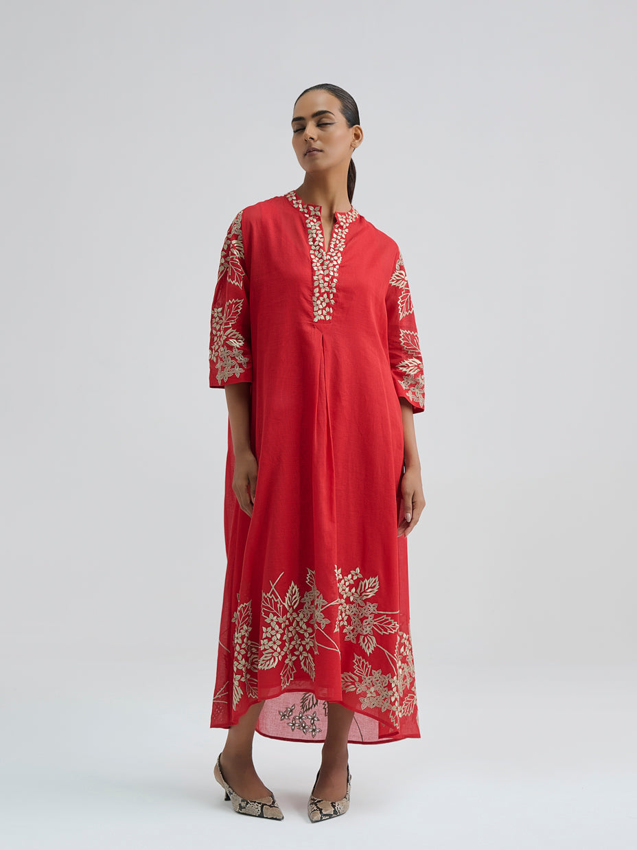 Crimson Damask Stitched Cutwork Dress