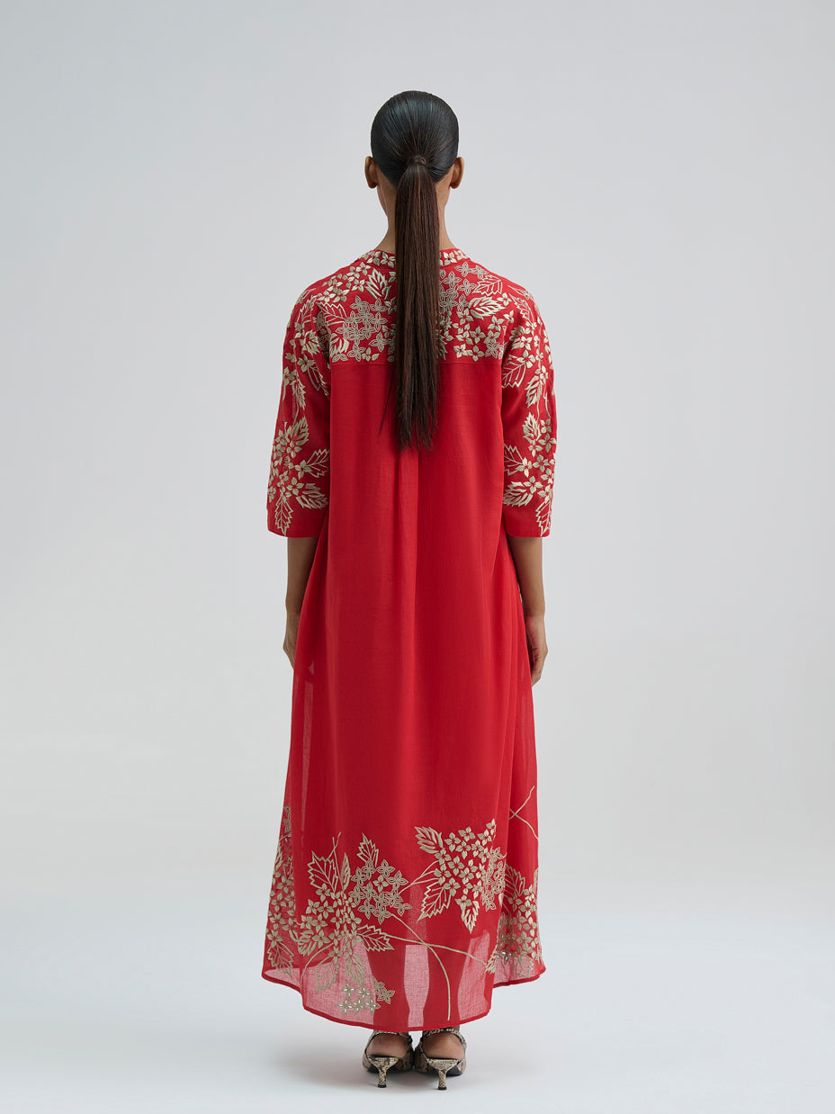 Crimson Damask Stitched Cutwork Dress