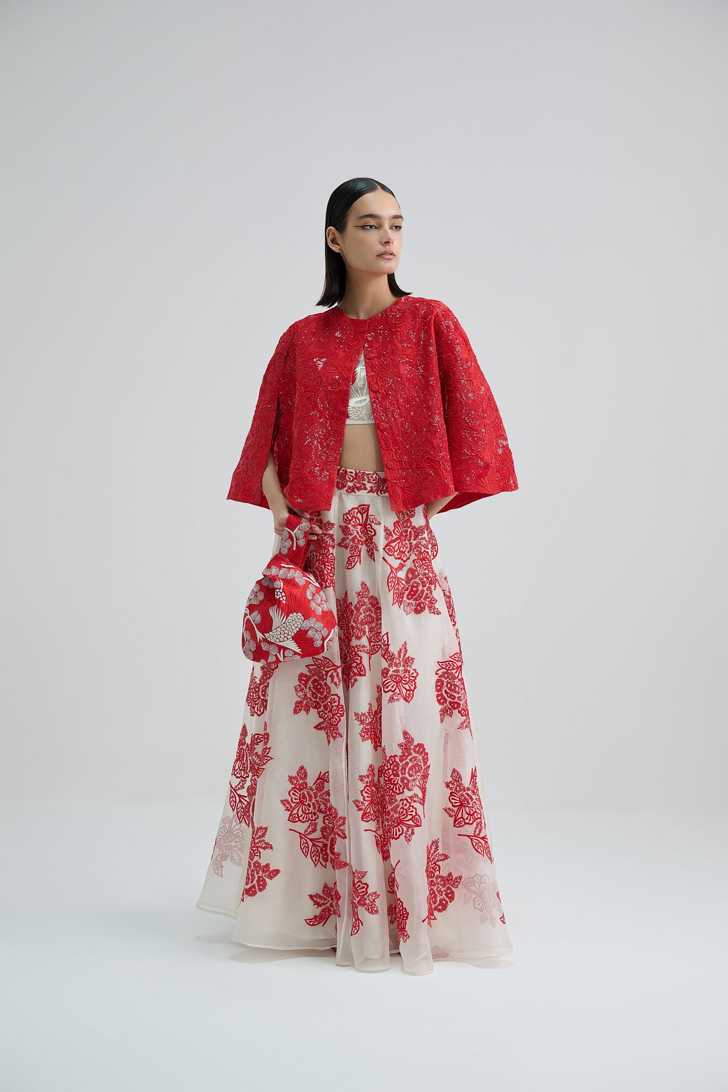 Crimson Hand Sequined Flat Stitch Cape Top