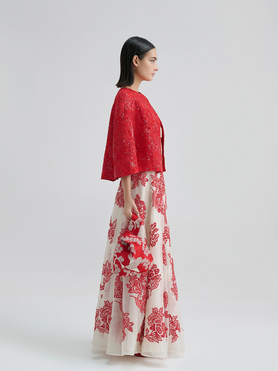 Crimson Hand Sequined Flat Stitch Cape Top