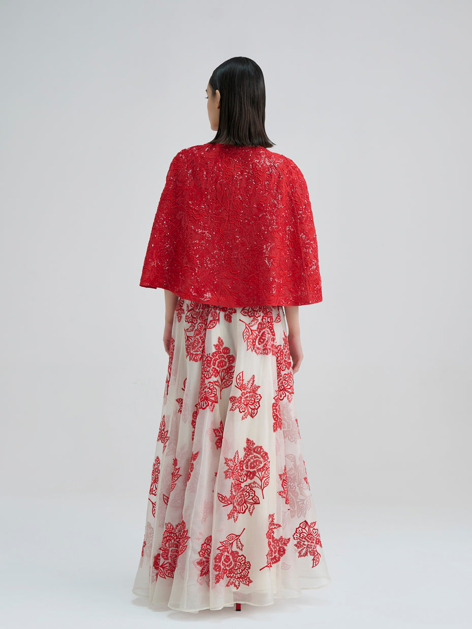 Crimson Hand Sequined Flat Stitch Cape Top