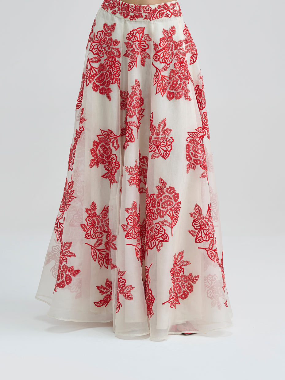 Ecru Hand Sequined Flat Stitch Skirt