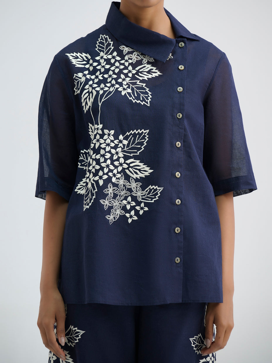 Indigo Damask Stitched Cutwork Top