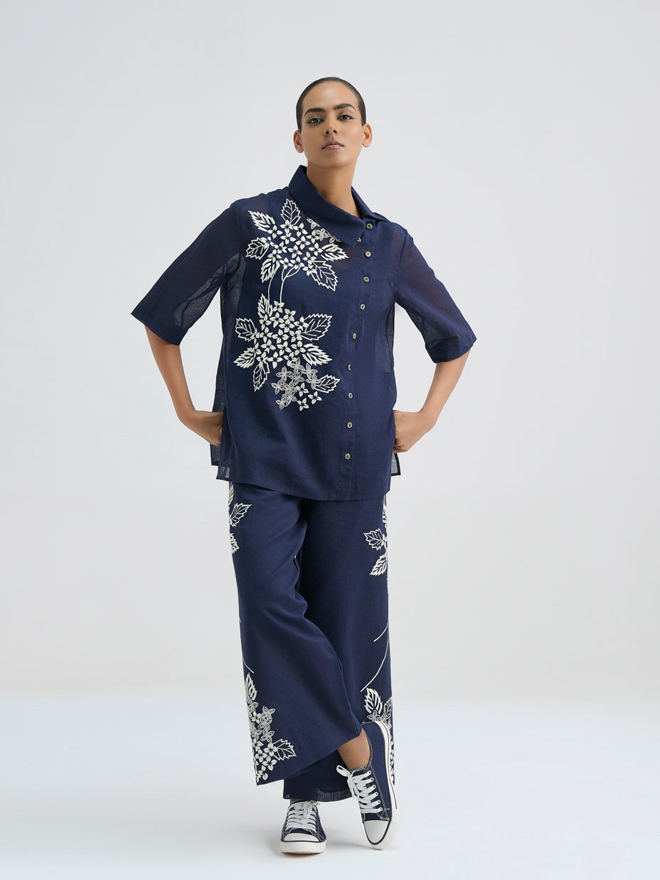 Indigo Damask Stitched Cutwork Top