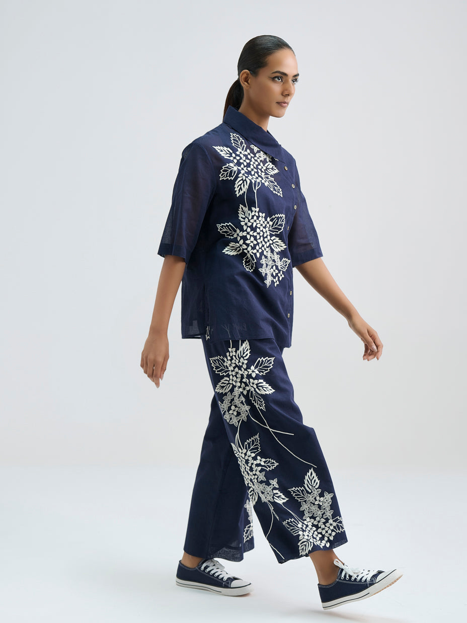 Indigo Damask Stitched Cutwork Pants