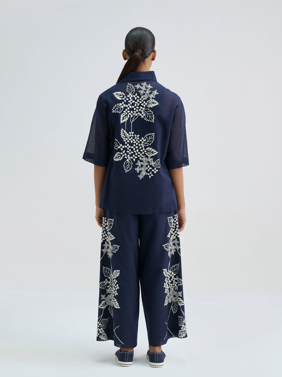 Indigo Damask Stitched Cutwork Top