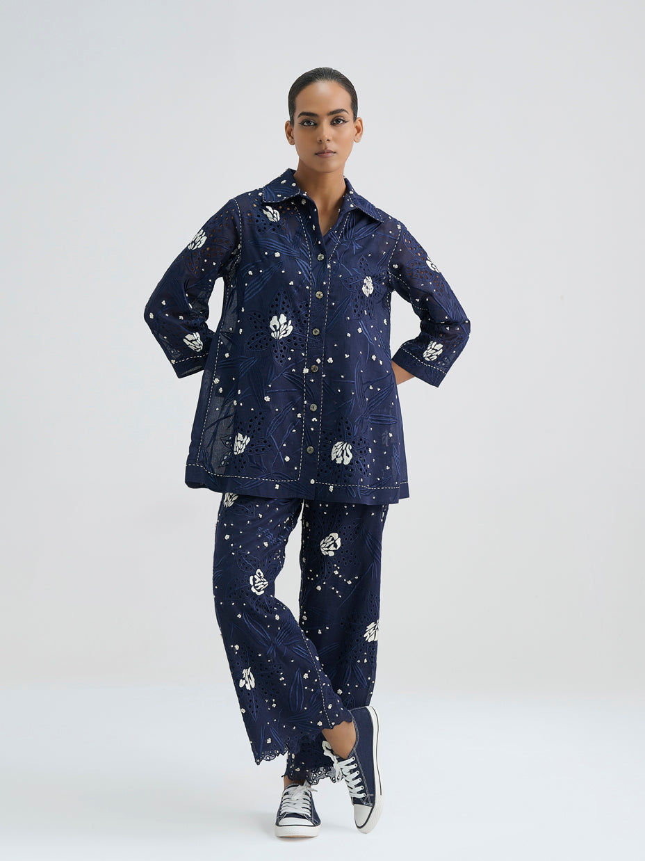 Indigo Cutwork and French Knot Pants