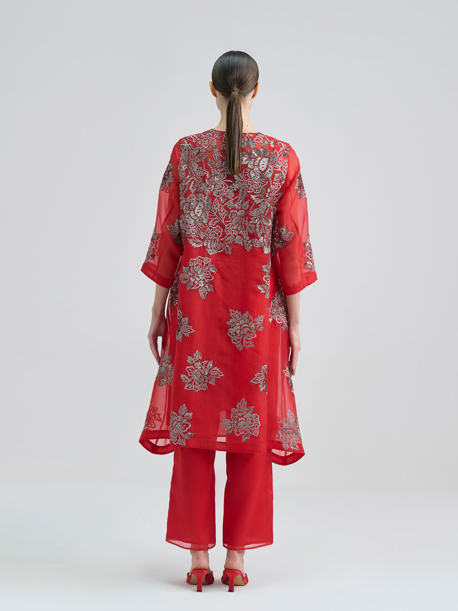 Crimson Hand Sequined Flat Stitch Jacket