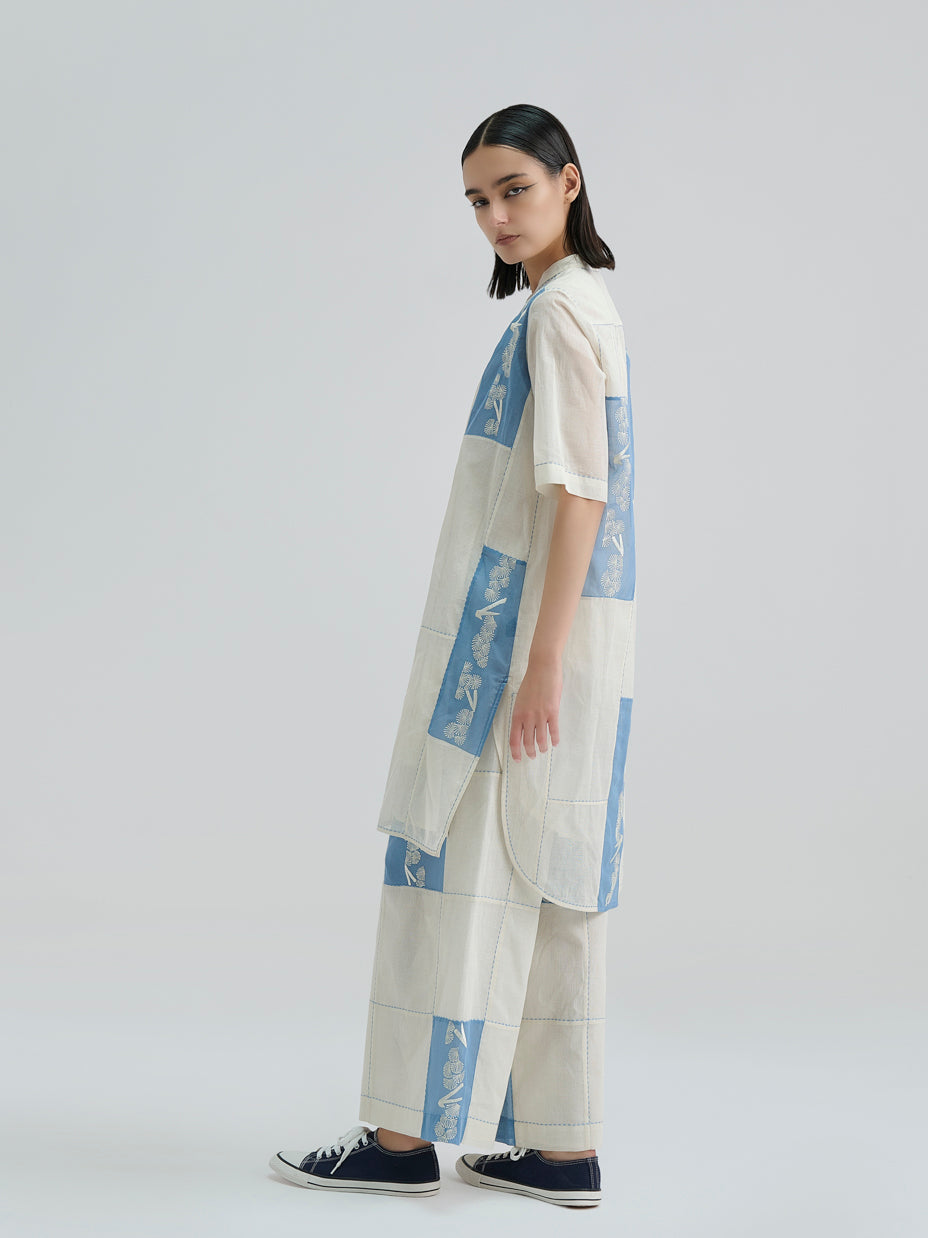 Ecru Steel Contrast Flat Stitch Patchwork Shirt