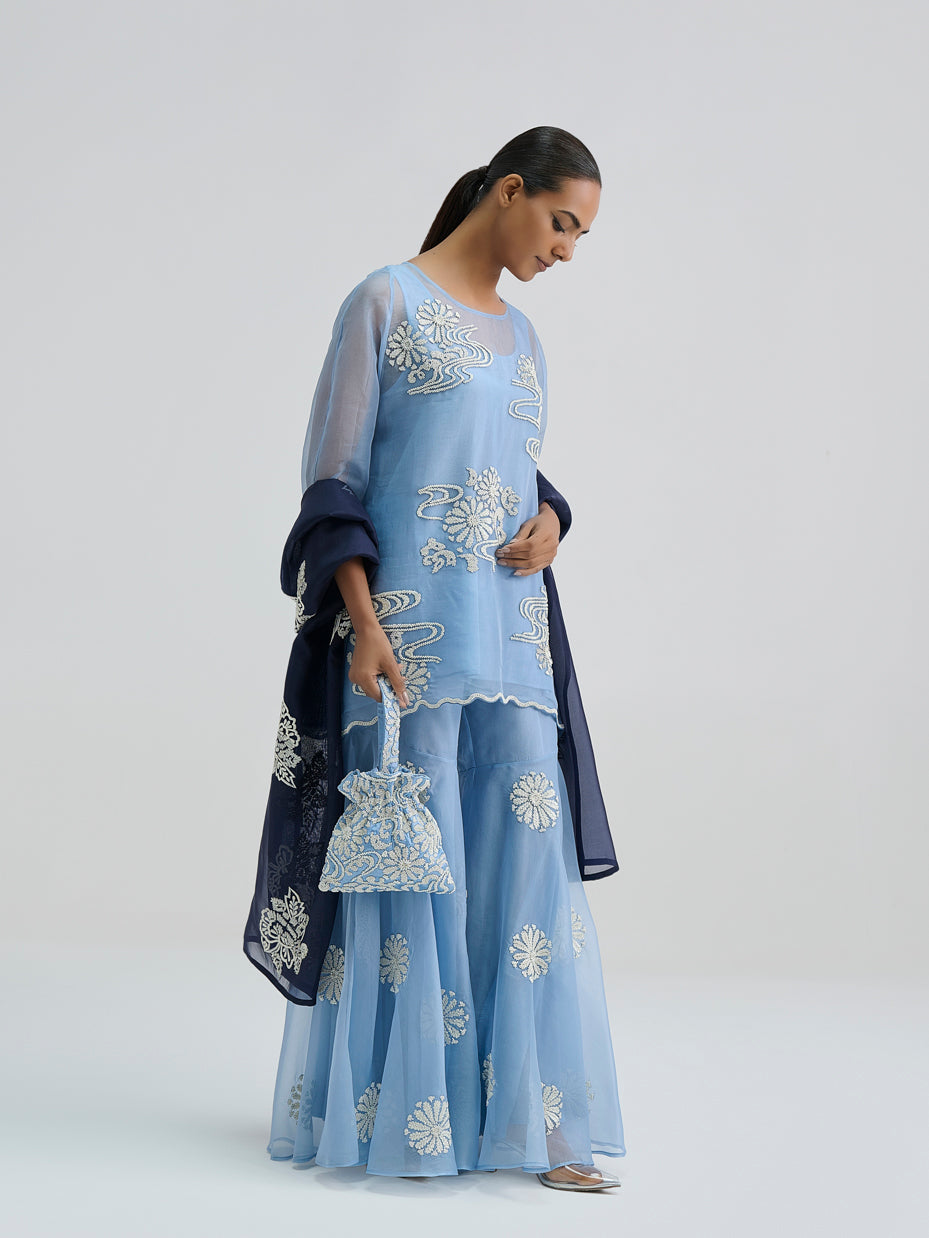 Indigo Hand Sequined Flat Stitch Dupatta