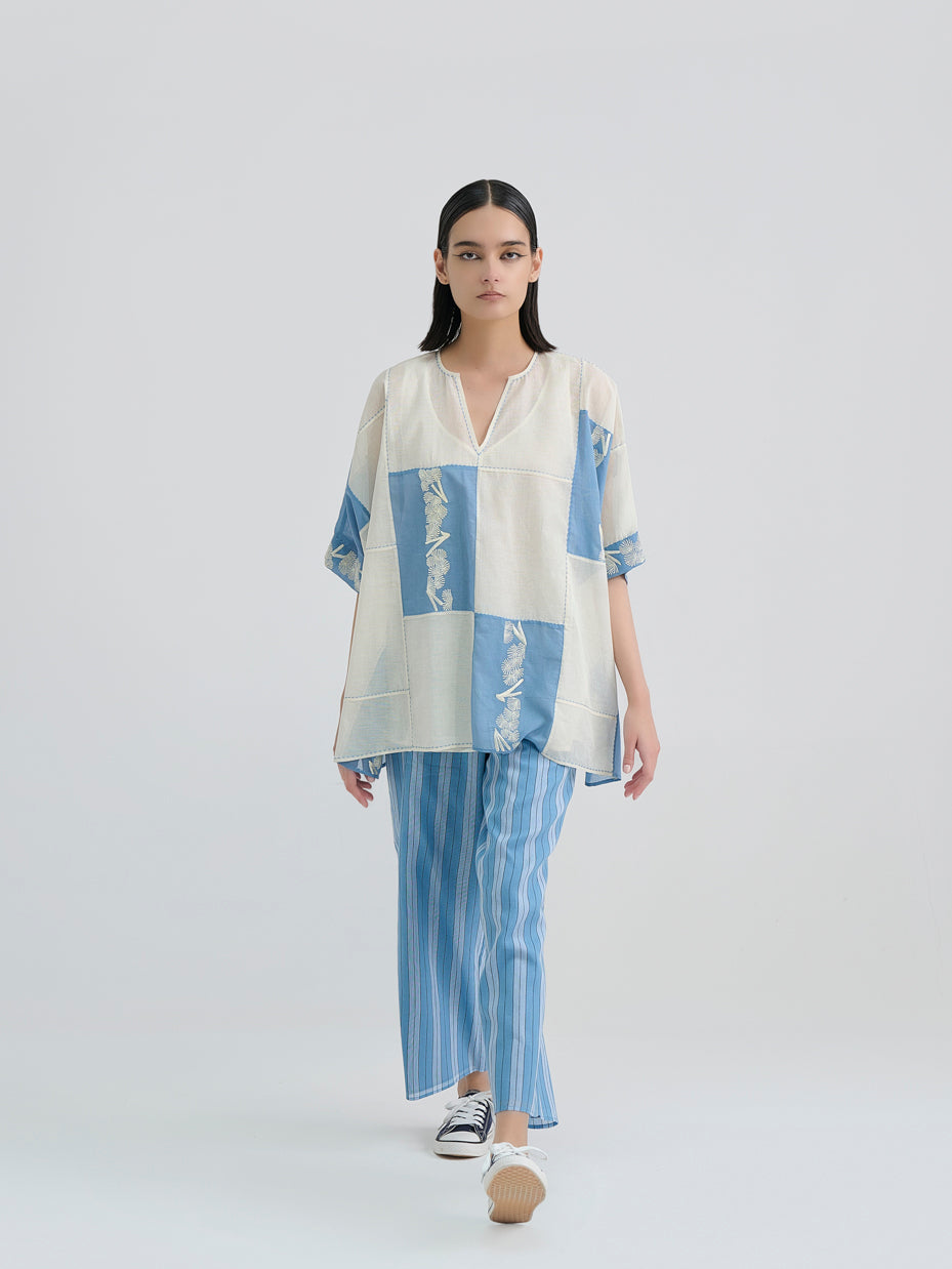 Ecru Contrast Flat Stitch Patchwork Top