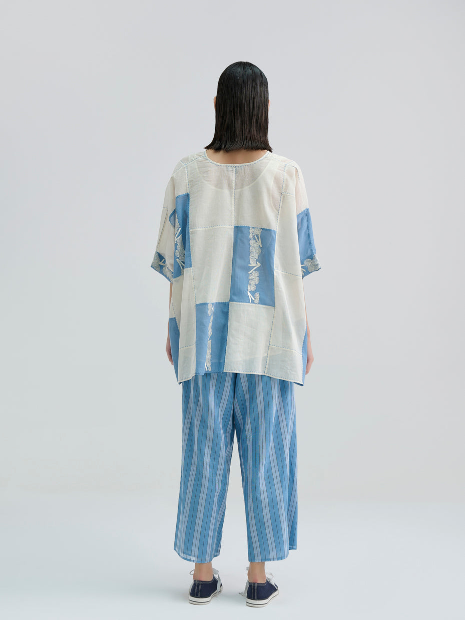 Ecru Contrast Flat Stitch Patchwork Top