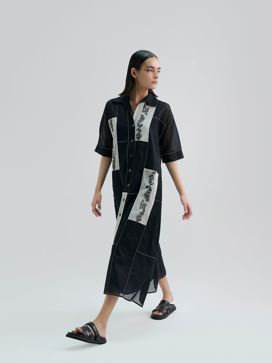 Black Contrast Flat Stitch Patchwork Dress
