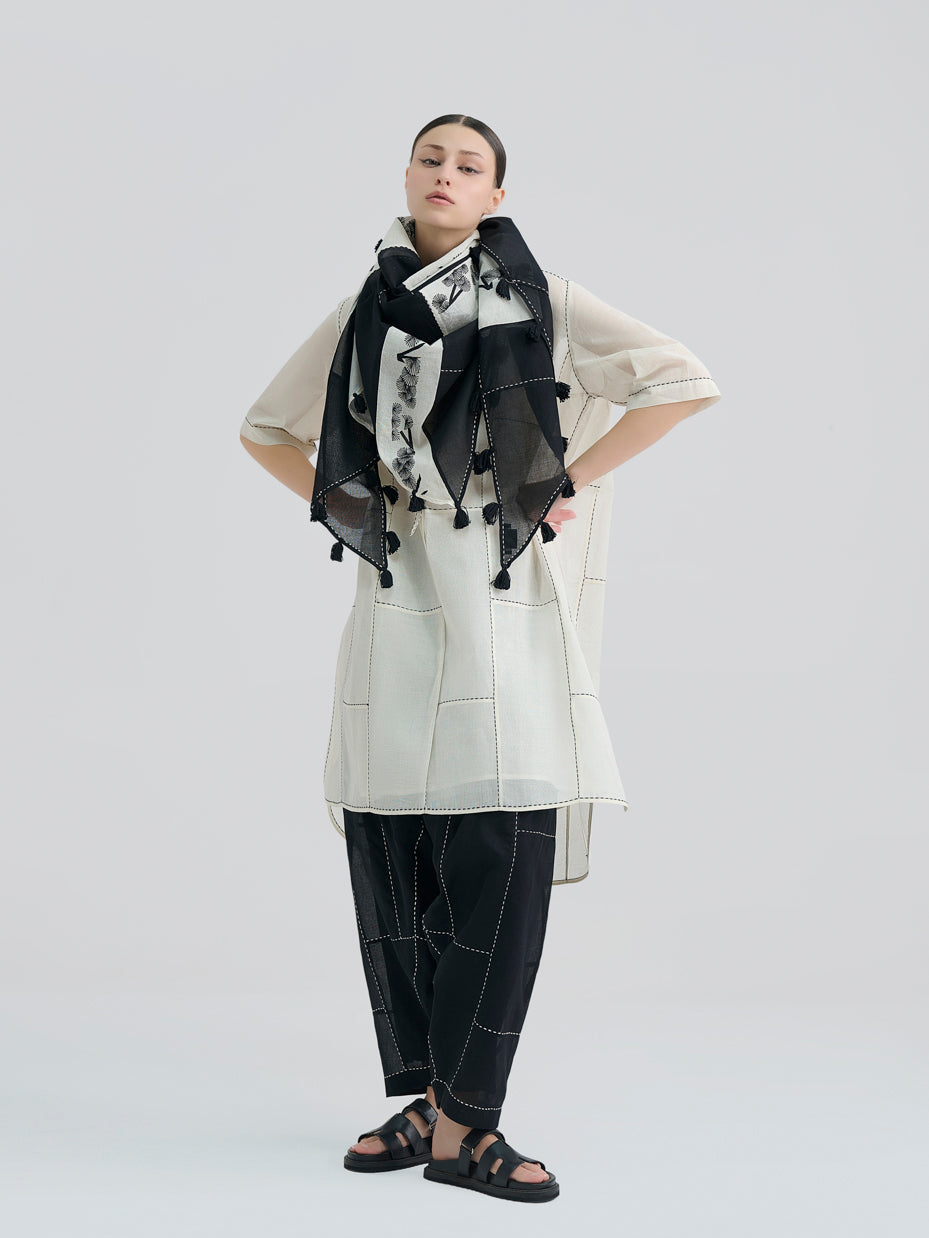 Black Contrast Flat Stitch Patchwork Scarf