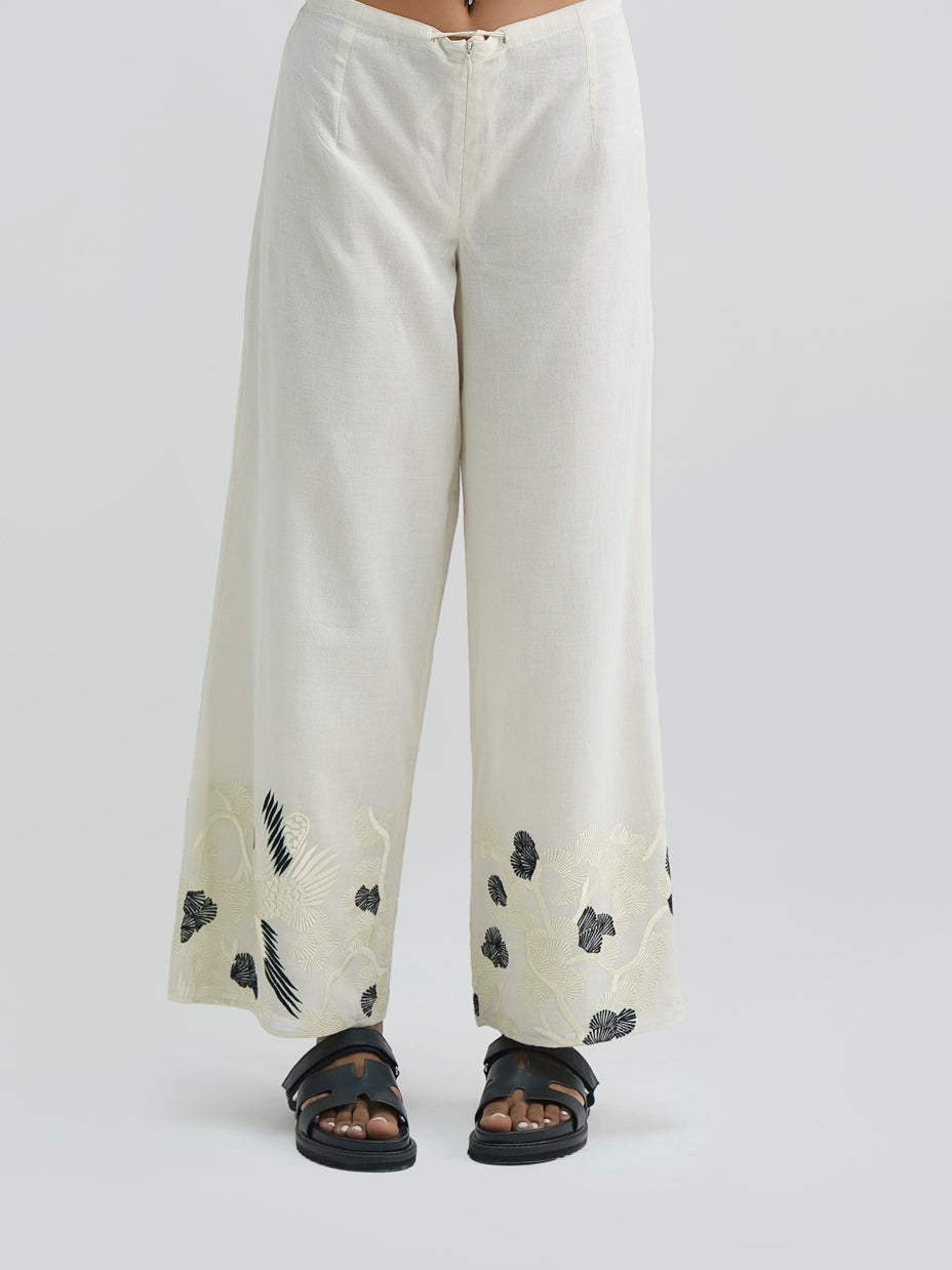 Ecru Bird Motif on Hem Pants