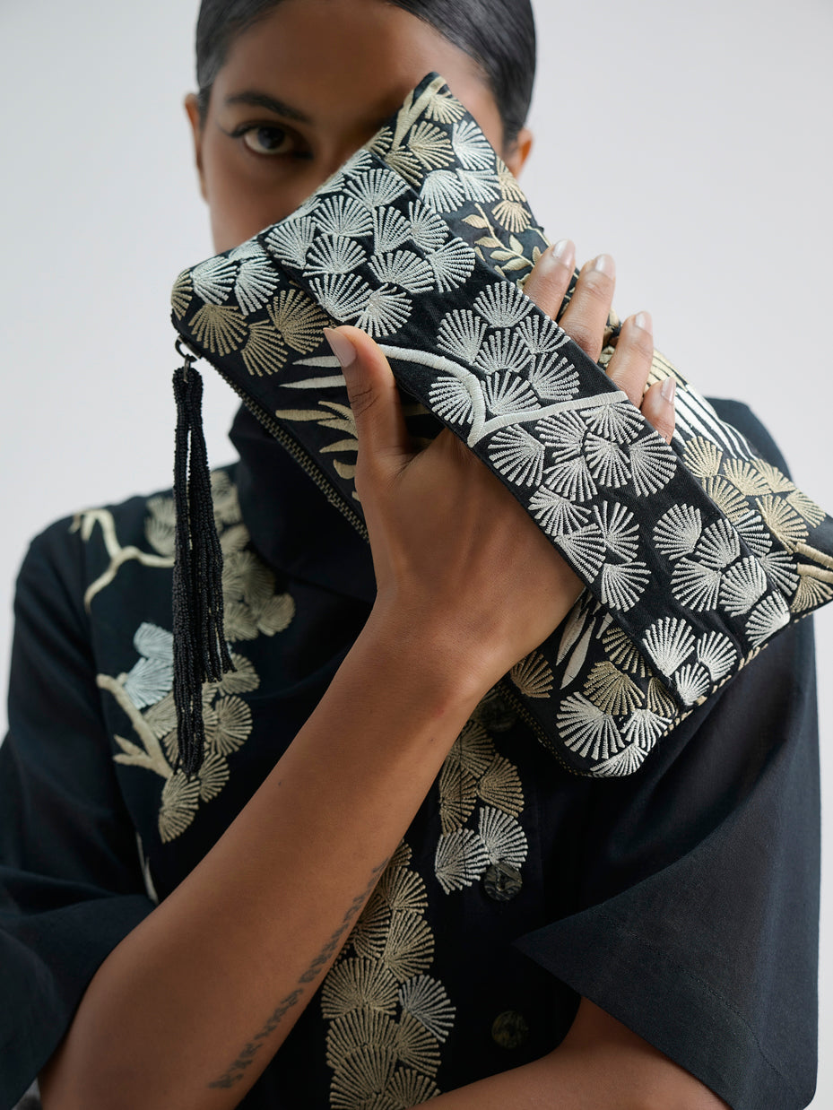 Black Bird Motif Clutch