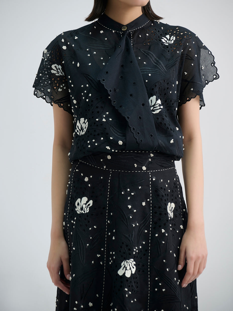 Black Cutwork and French Knot Top