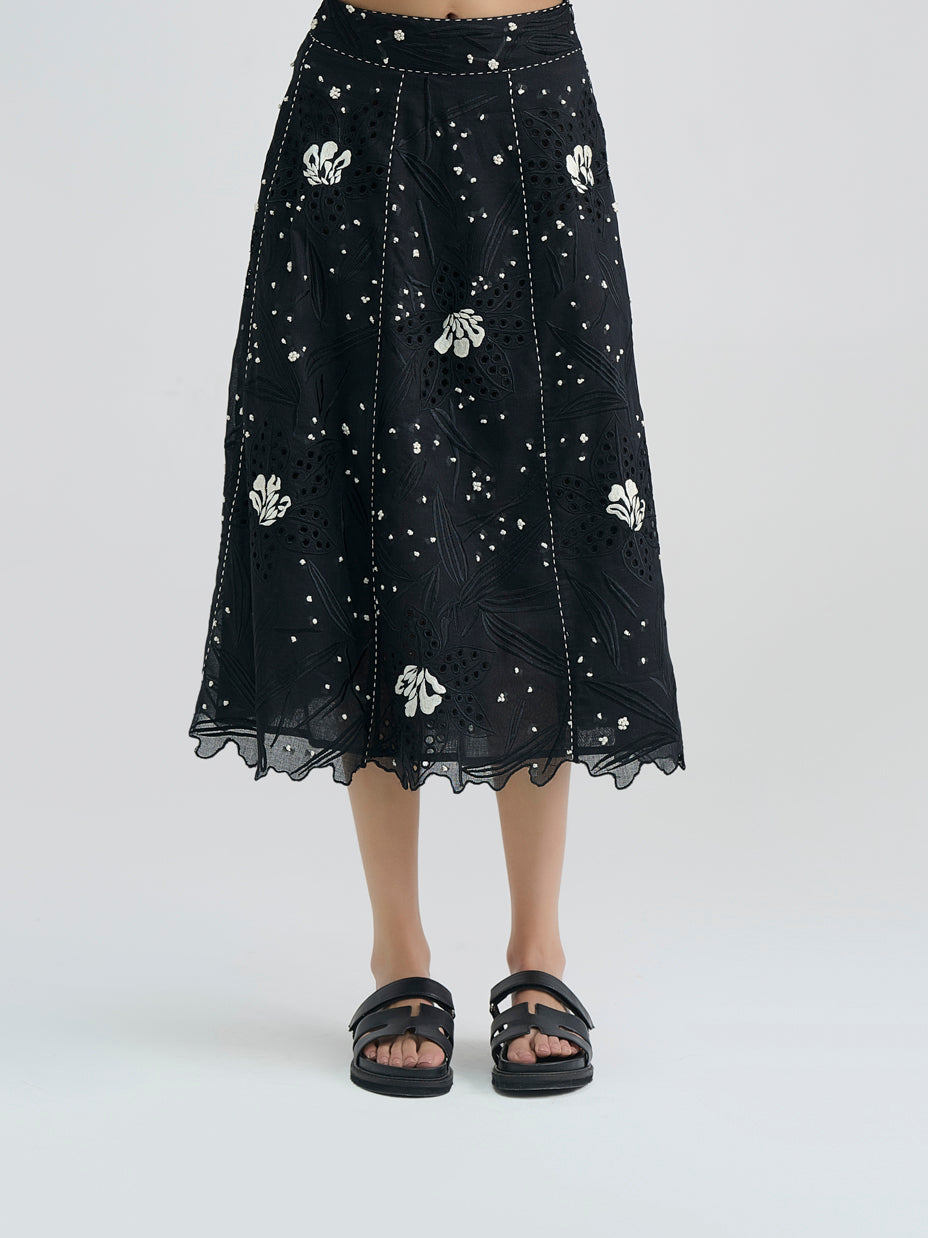 Black Cutwork and French Knot Skirt