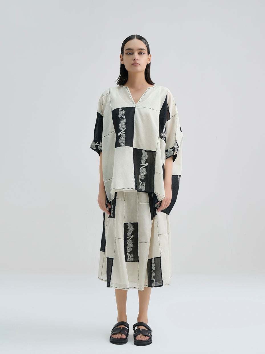Ecru Contrast Flat Stitch Patchwork Skirt