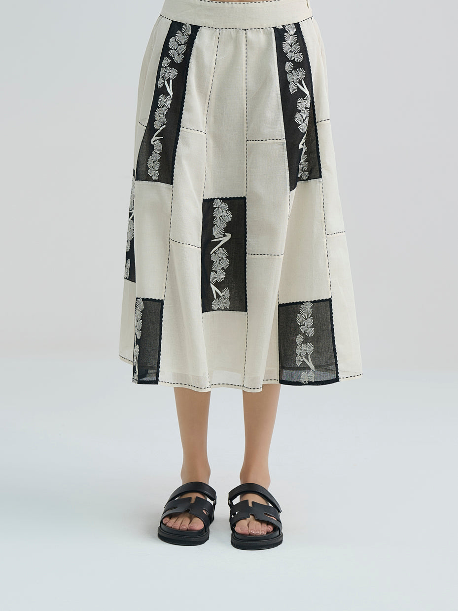 Ecru Contrast Flat Stitch Patchwork Skirt