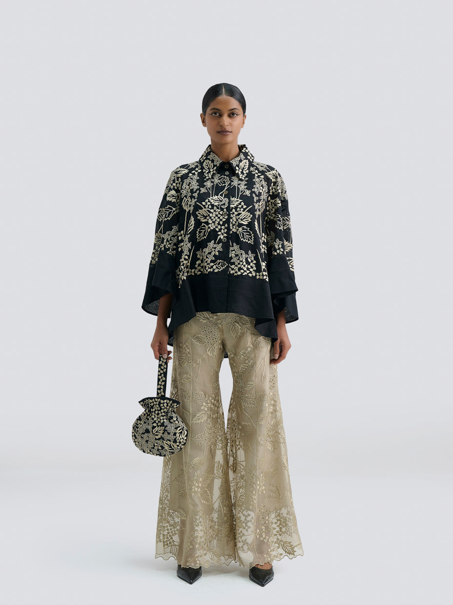 Natural Damask Stitched Cutwork Palazzo