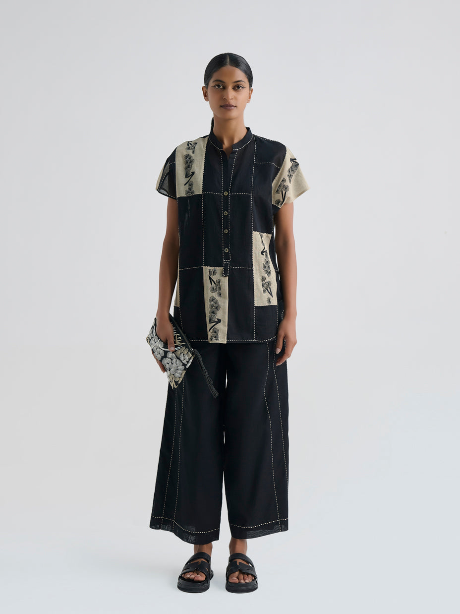 Black Contrast Flat Stitch Patchwork Top