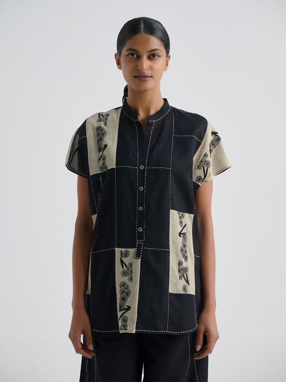 Black Contrast Flat Stitch Patchwork Top
