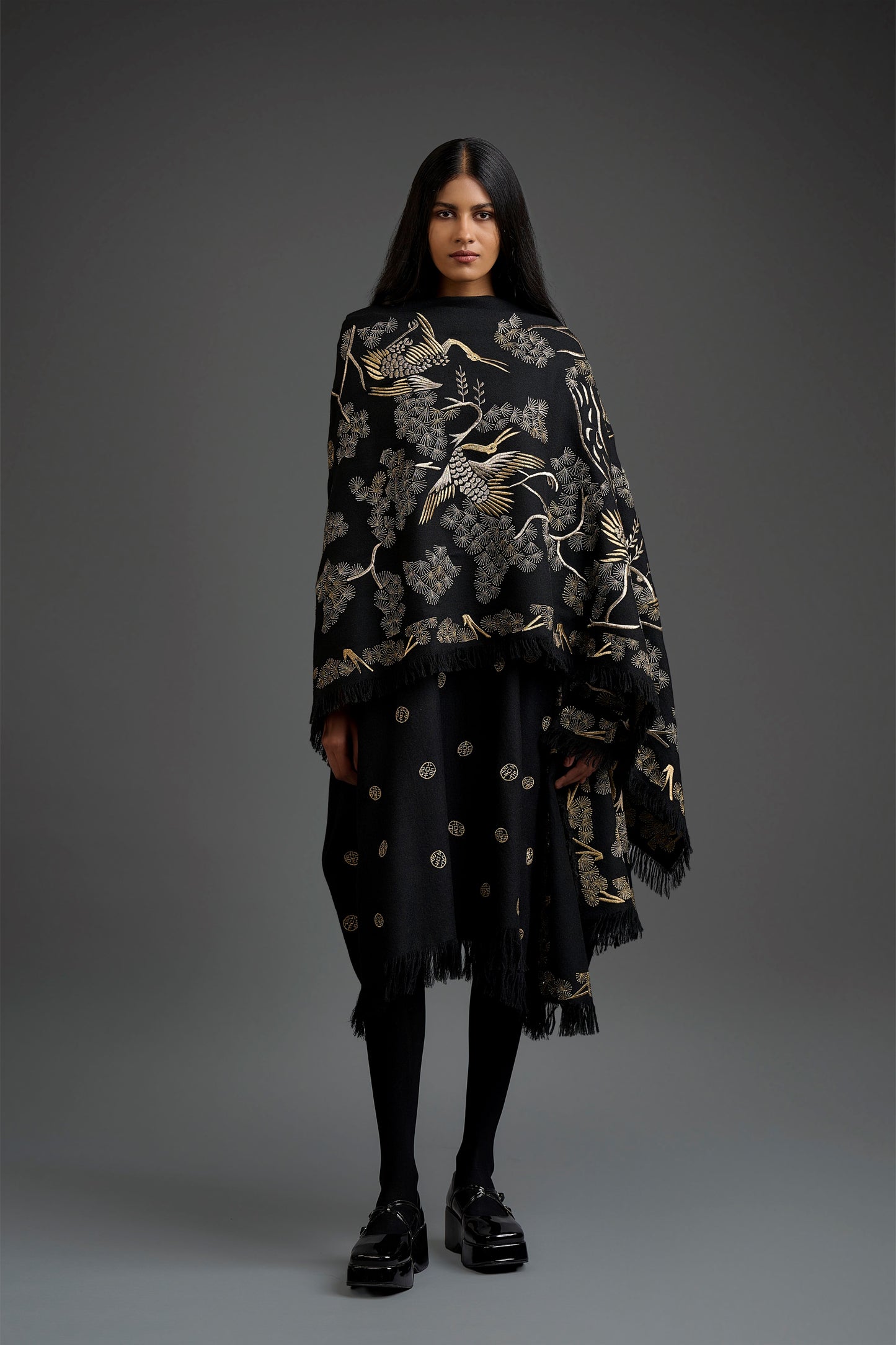 Black Wool Shawl with Platinum & Gold Flat Stitch