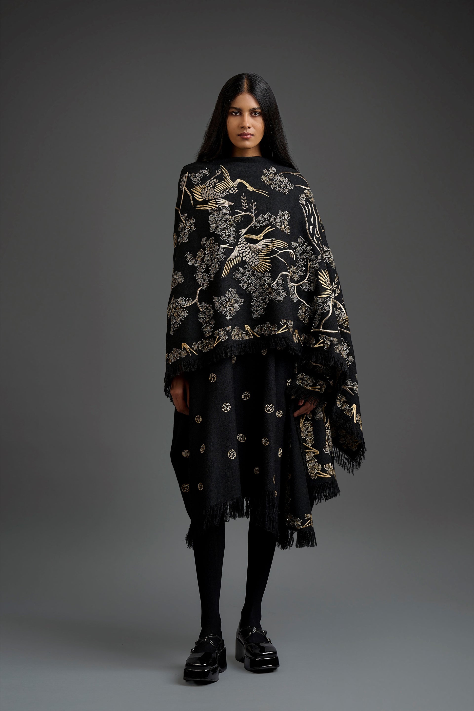 Black Wool Shawl with Platinum & Gold Flat Stitch