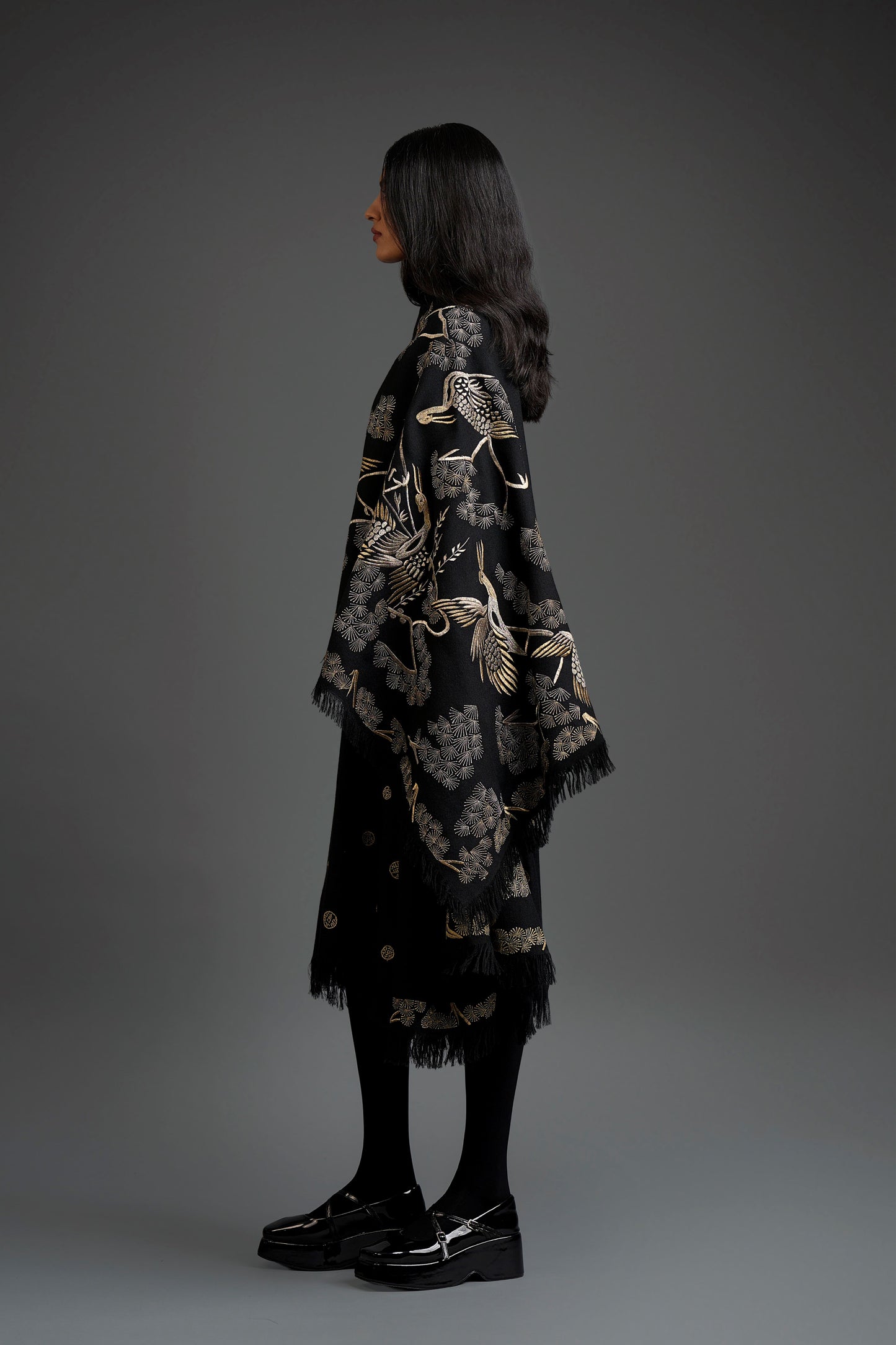 Black Wool Shawl with Platinum & Gold Flat Stitch