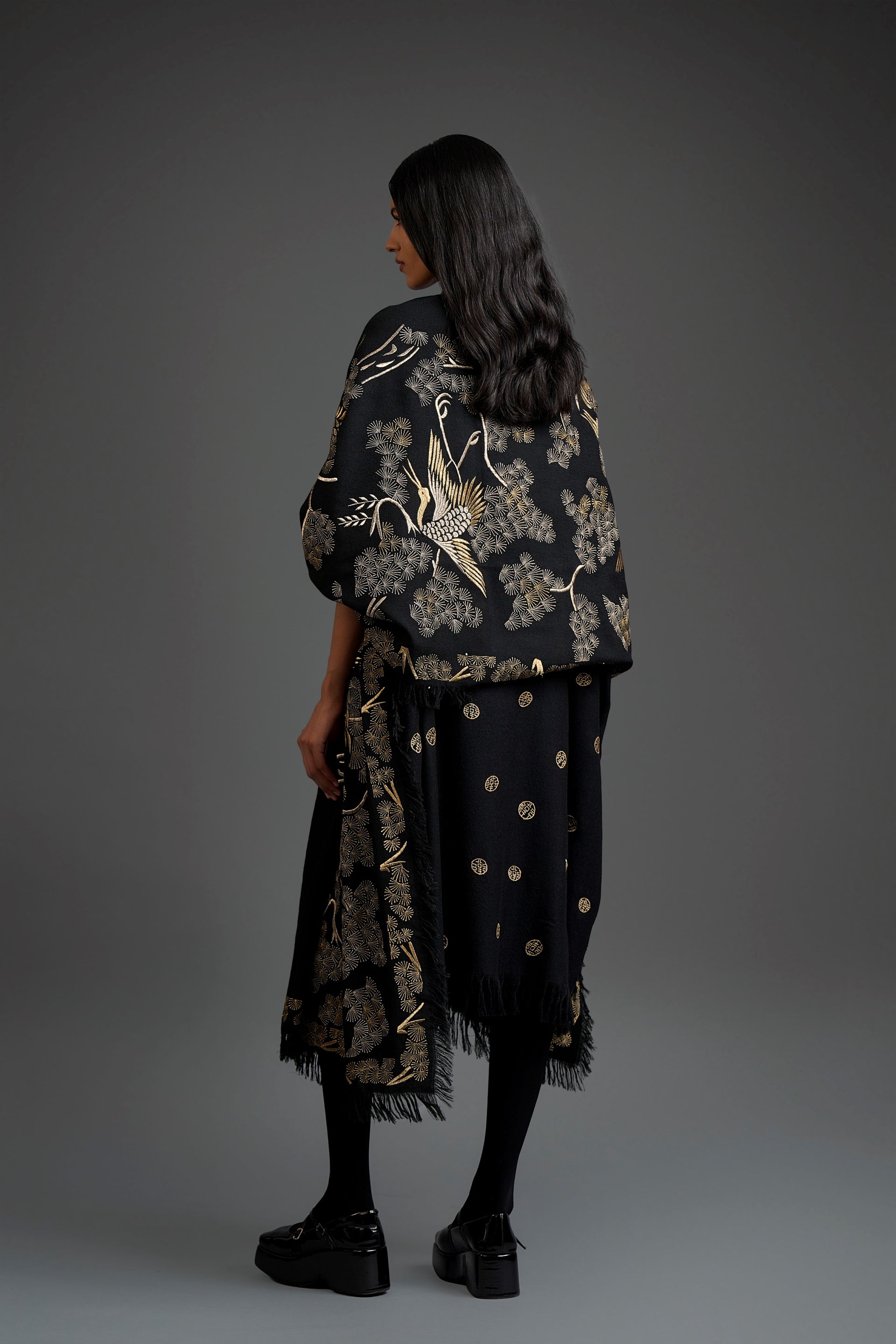 Black Wool Shawl with Platinum & Gold Flat Stitch