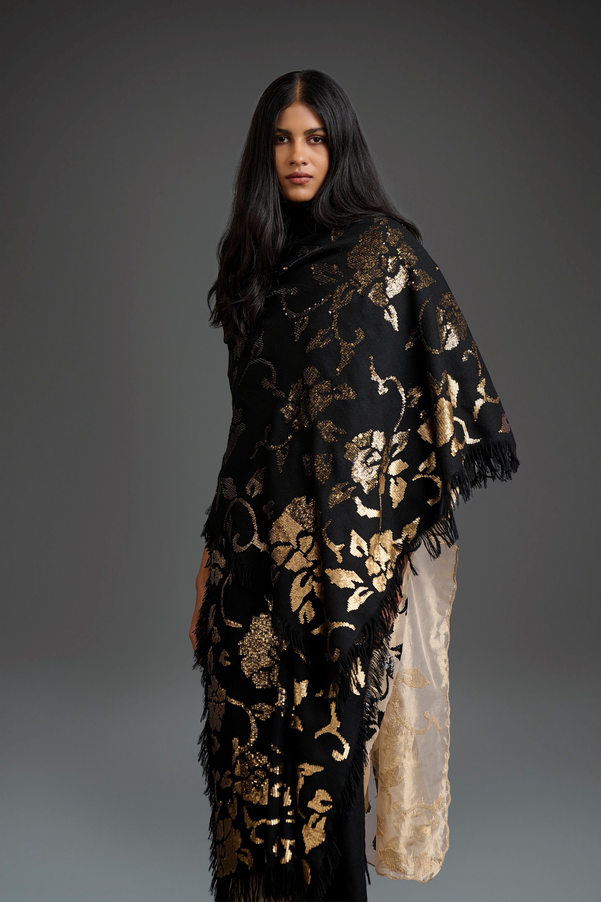 Black Wool Shawl with Gold Sequin Work