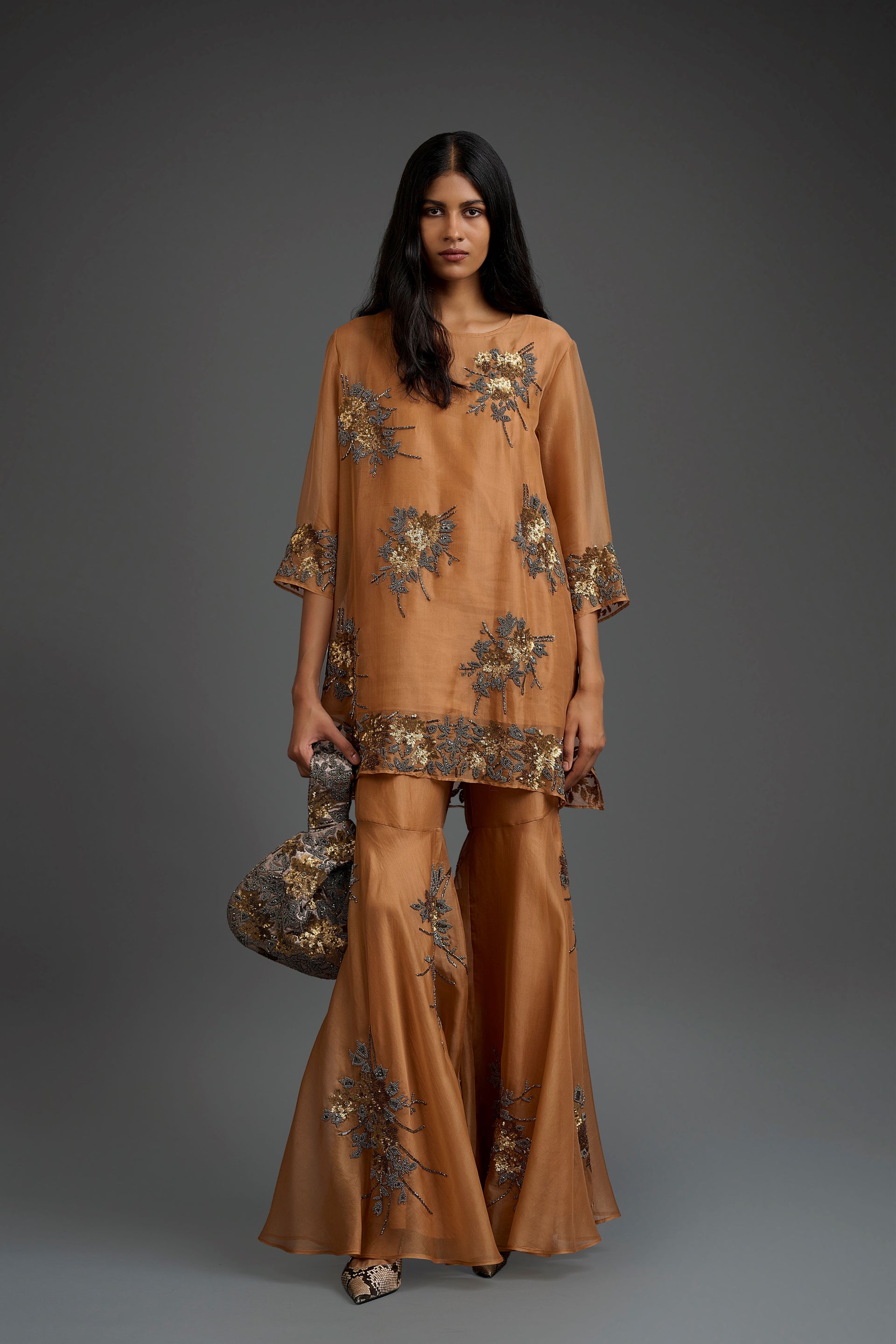 Apricot Hand Sequined Hand Beaded Sharara