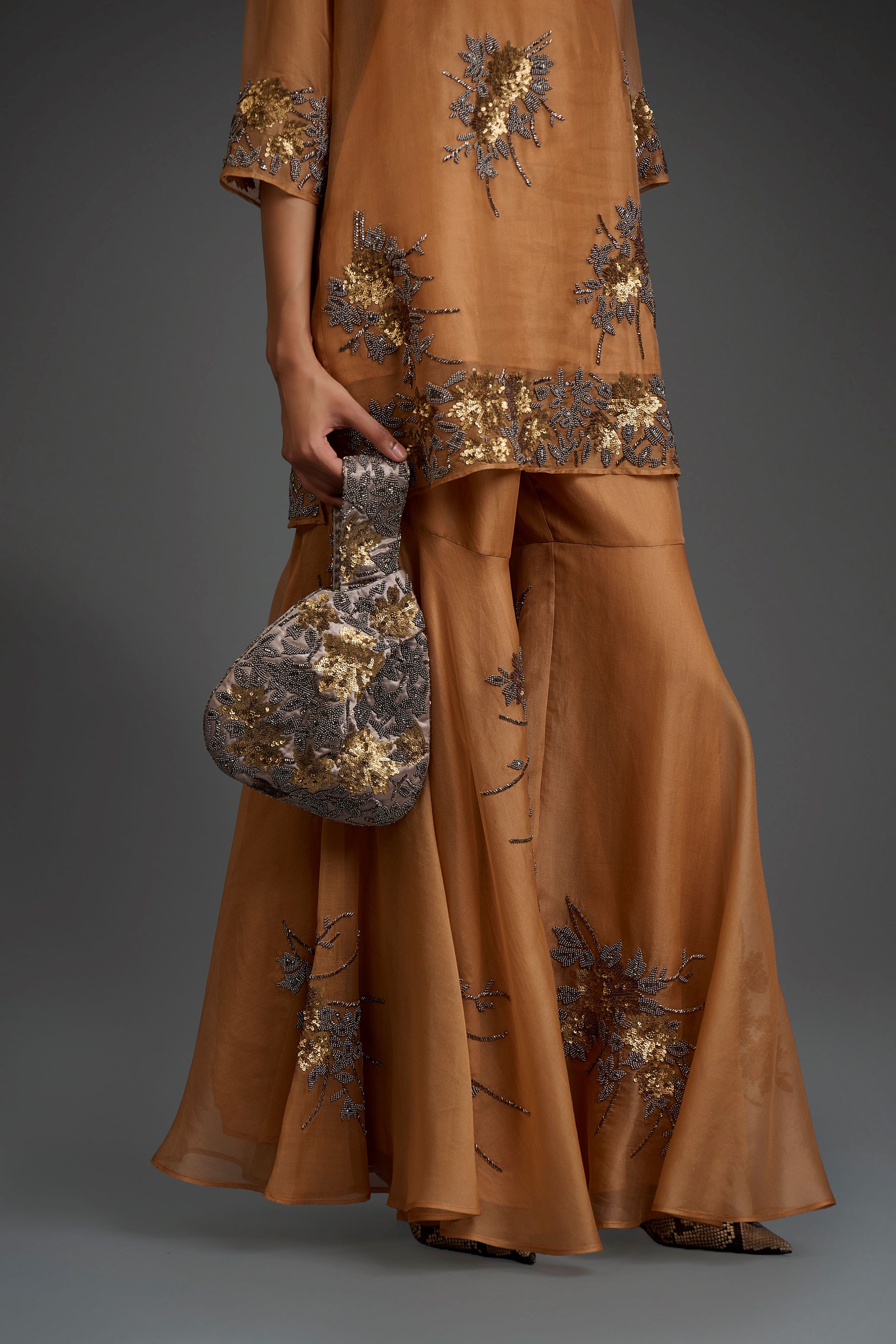 Apricot Hand Sequined Hand Beaded Sharara