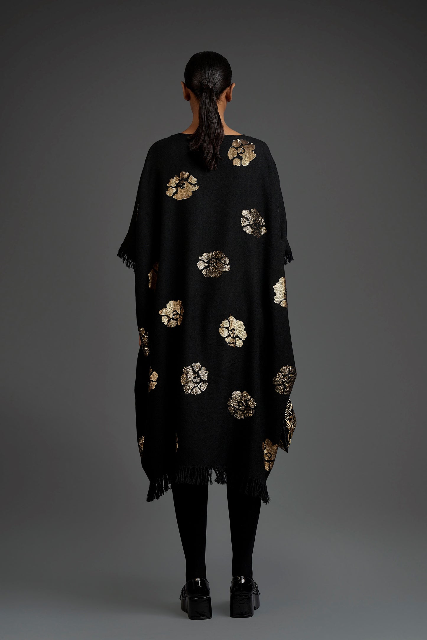 Black Wool Kaftan with Gold Sequins