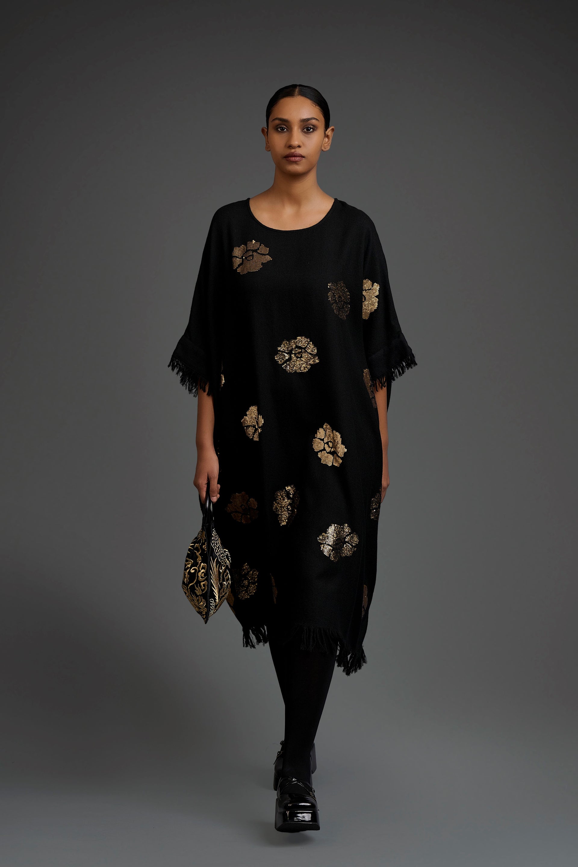 Black Wool Kaftan with Gold Sequins