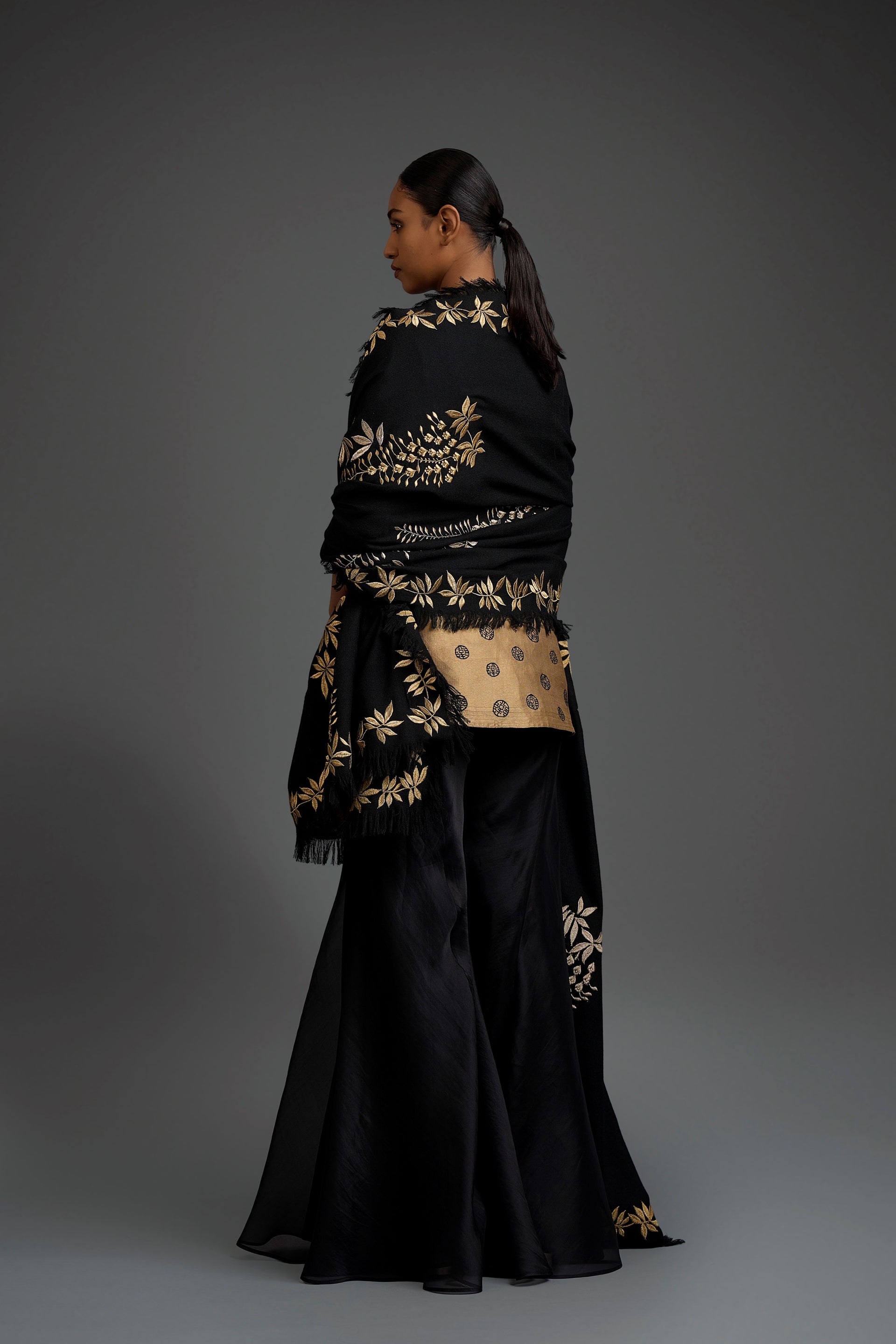 Black Wool Shawl with Gold Flat Stitch